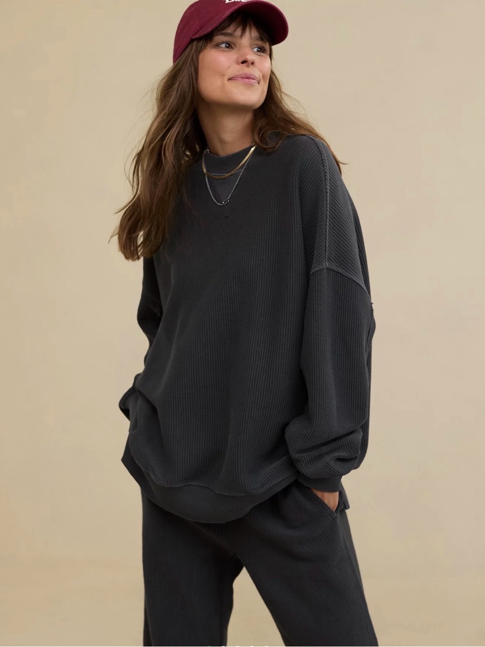 Aerie Big Chill Textured Crew Sweatshirt Smokey Grey